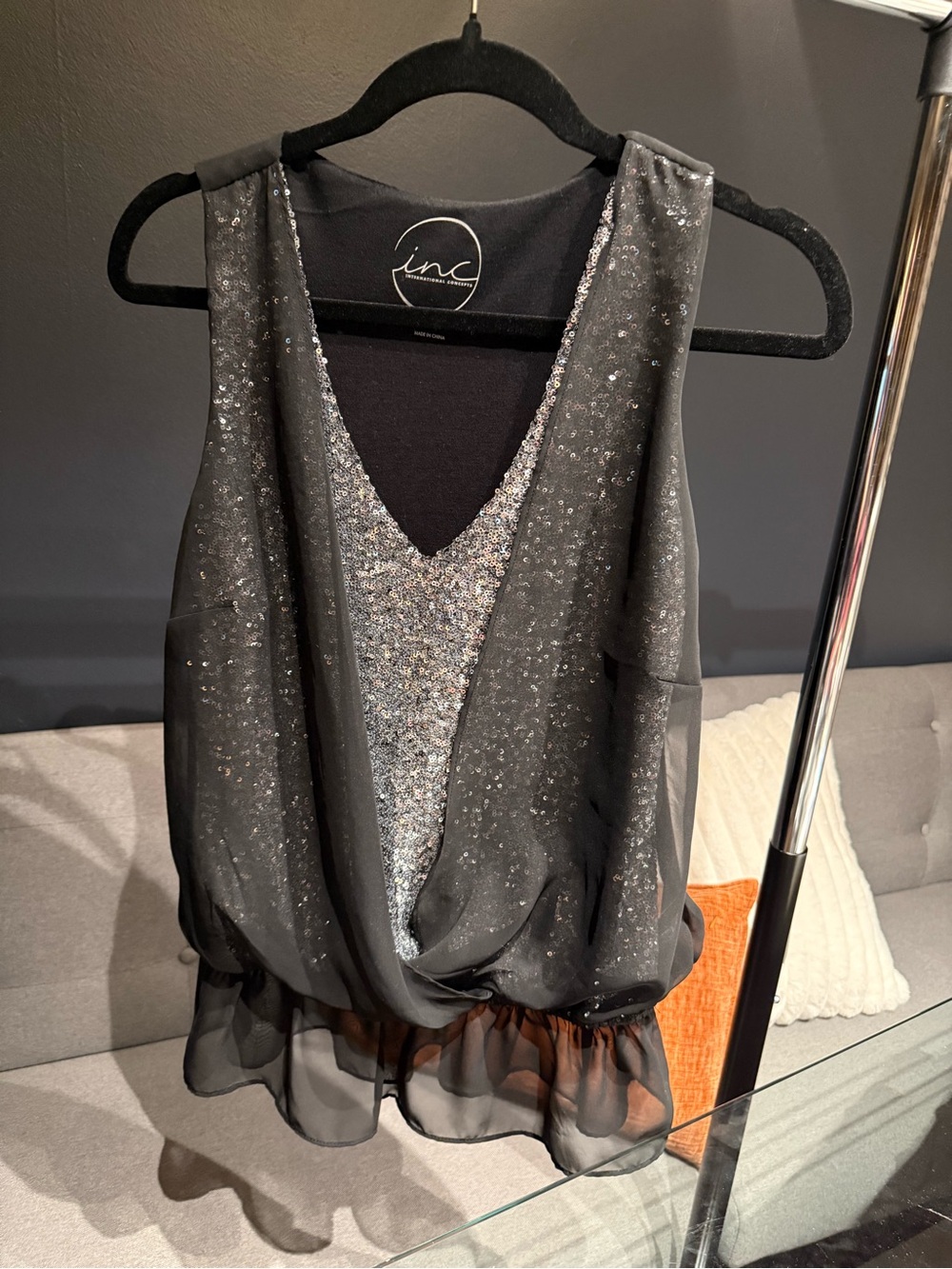 INC International Concepts Black Sequin V-Neck Draped Camisole